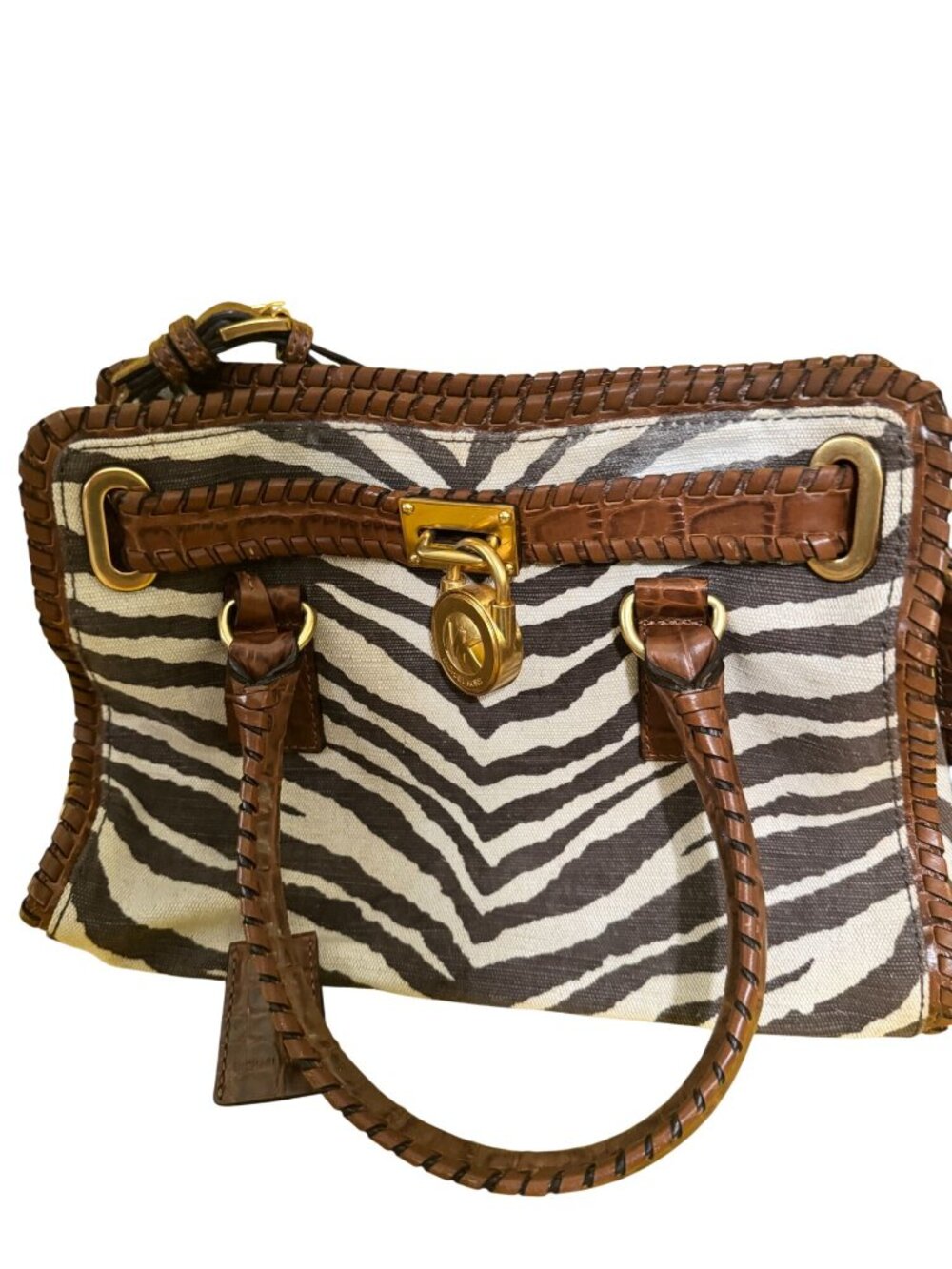 Michael Kors Hamilton Whipped Zebra Canvas Satchel Brown Leather Shoulder Bag - Picture 2 of 13